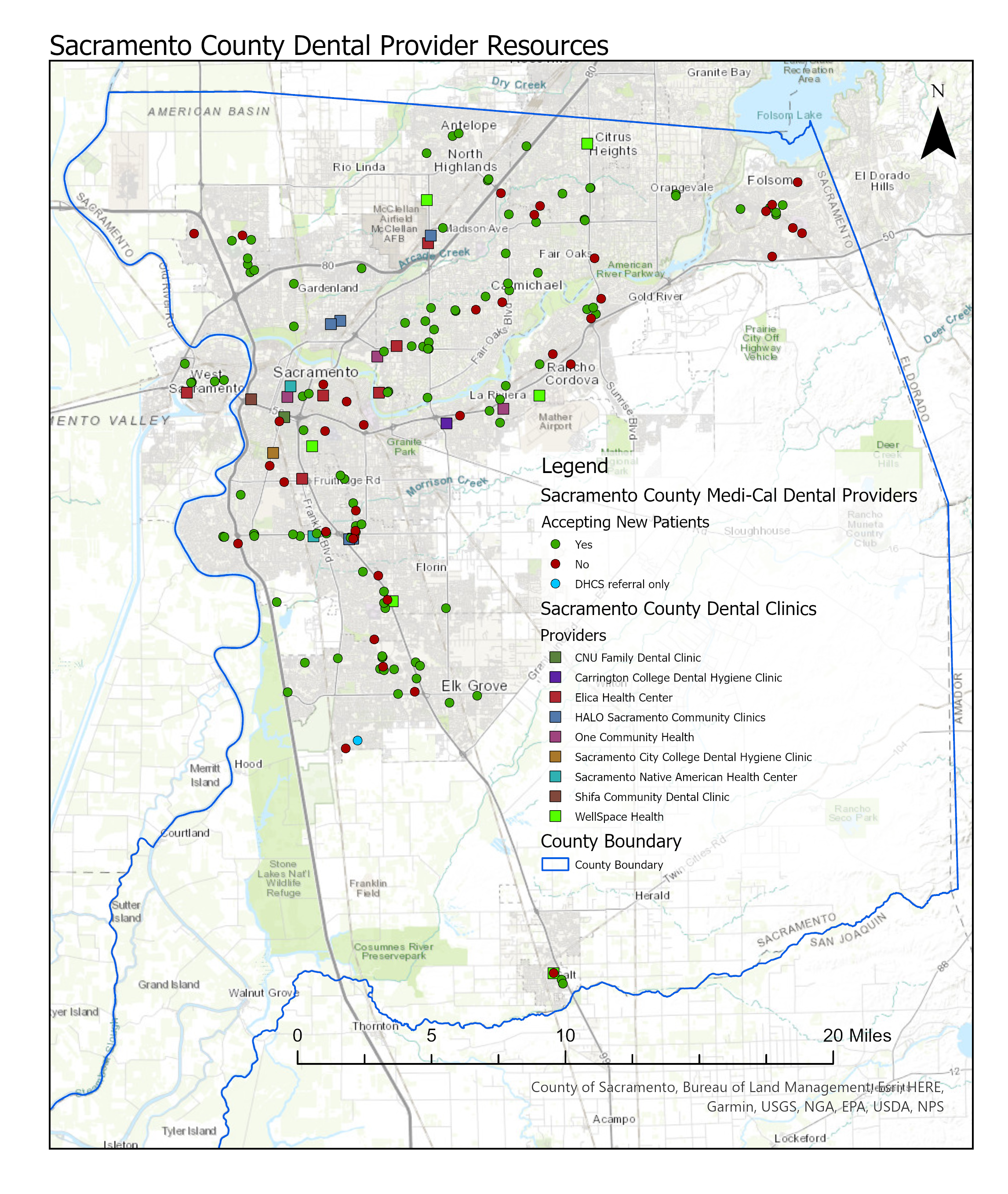 This map was created using the most recent provider data from the California Department of Health Care Services (DHCS) Medi-Cal Dental “Find a Dentist” directory. The directory helped identify dental providers in Sacramento County who accept Medi-Cal. The map shows where these providers are located and helps highlight areas where people may have less access to dental care.​